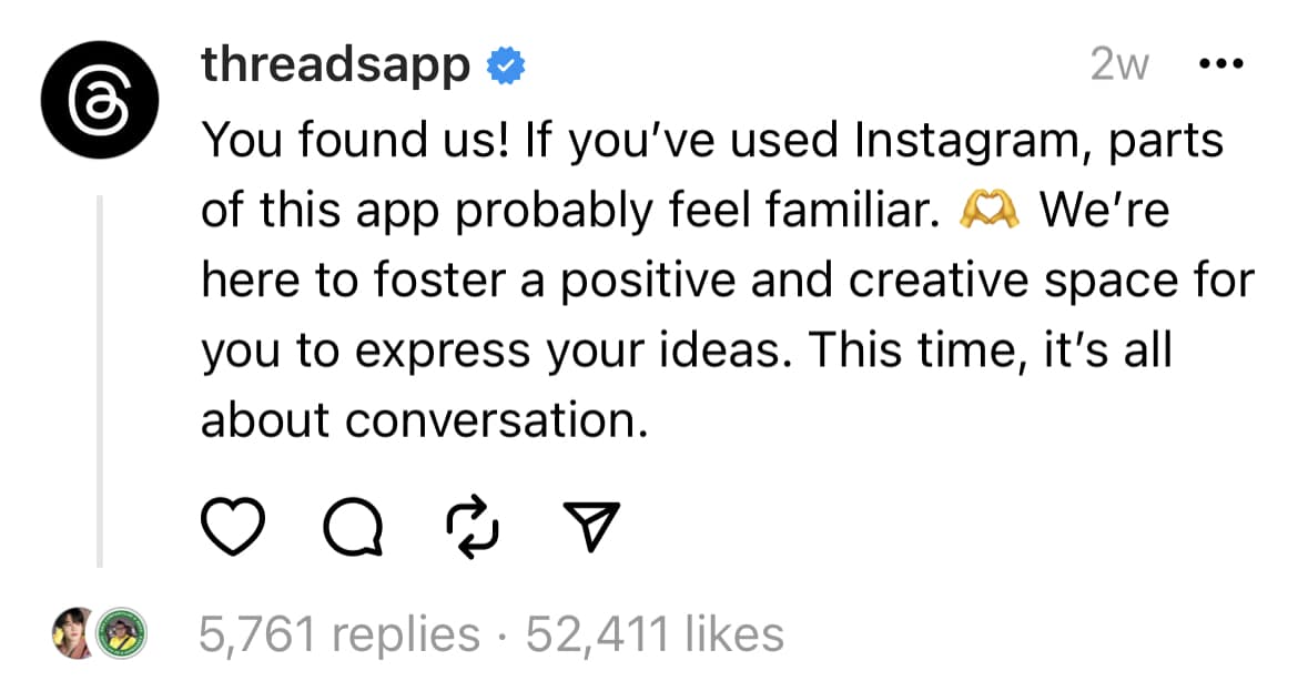 Screenshot of thread from @threadsapp explaining how to use Threads as a small business. Thread reads, “You found us! If you’ve used INstagram, parts of this app probably feel familiar. We’re here to foster a positive and creative space for you to express your ideas. This time, it’s all about conversation.”